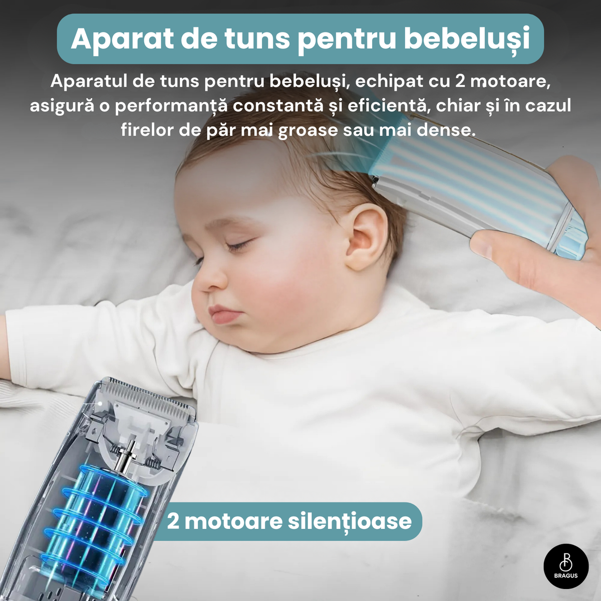 Aparat de Tuns BRAGUS Bebelusi/Adulti, Aspirare Par, IPX7, Albastru