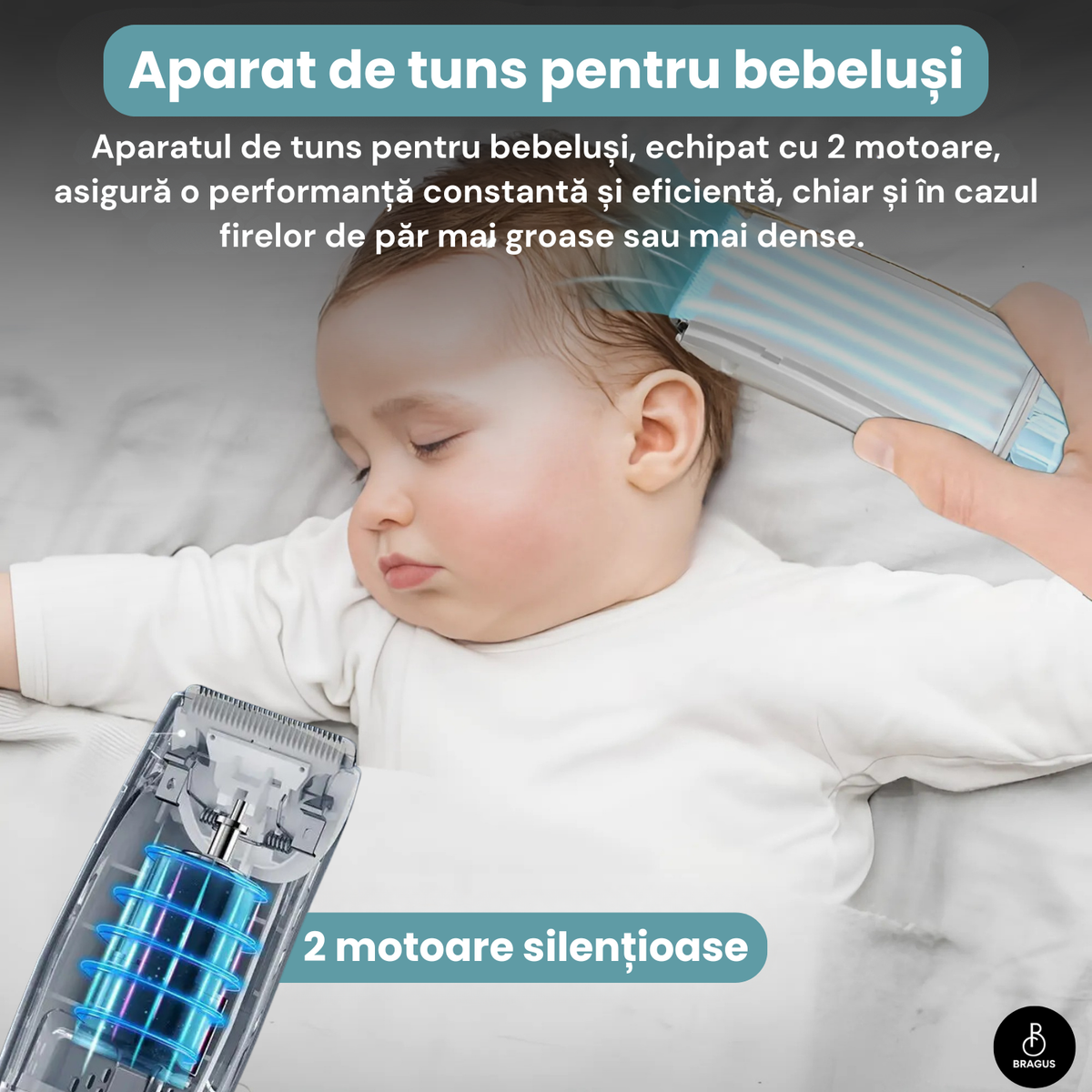 Aparat de Tuns BRAGUS Bebelusi/Adulti, Aspirare Par, IPX7, Verde (Copie)