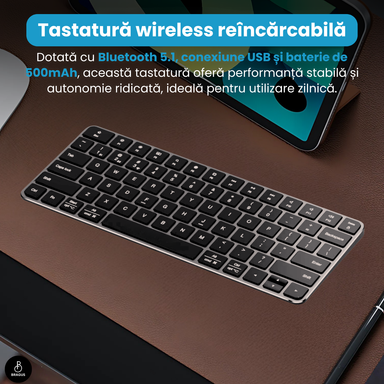 Tastatură Wireless Reîncărcabilă, BRAGUS, Bluetooth 5.1, USB, 500mAh, Ultra Subțire, Aluminiu, Conectare Simultană pe 3 Dispozitive, Compatibilă PC, Windows, Mac, iOS, Android, Type-C, 230g