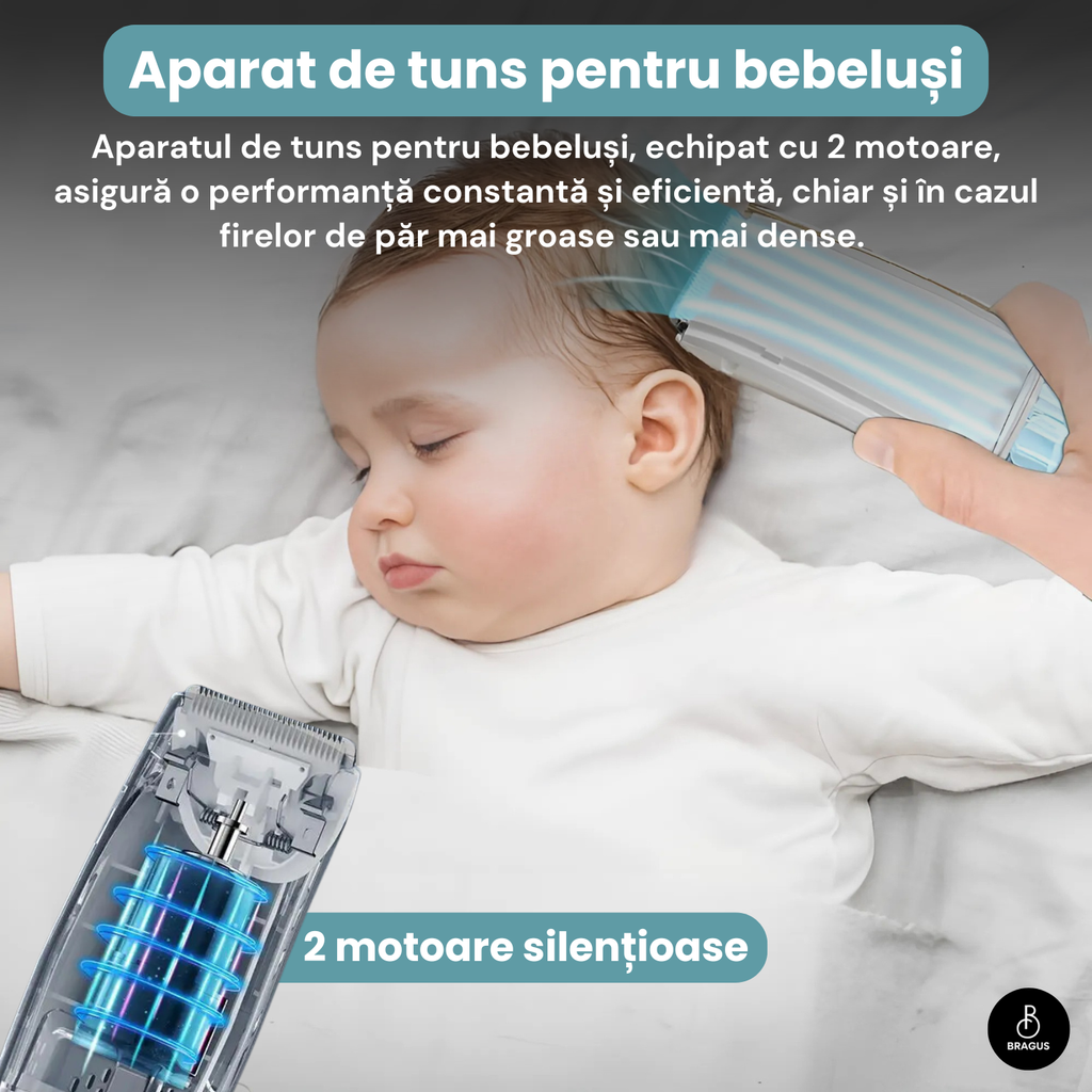 Aparat de Tuns pentru Bebelusi, Copii si Adulti, BRAGUS, 600mAh, 2 Trepte de Viteza, 2 Motoare Silentioase, Functie de Aspirare a Parului, Rezistent la Apa IPX7, Reincarcabil USB, 3 Piepteni Inclusi