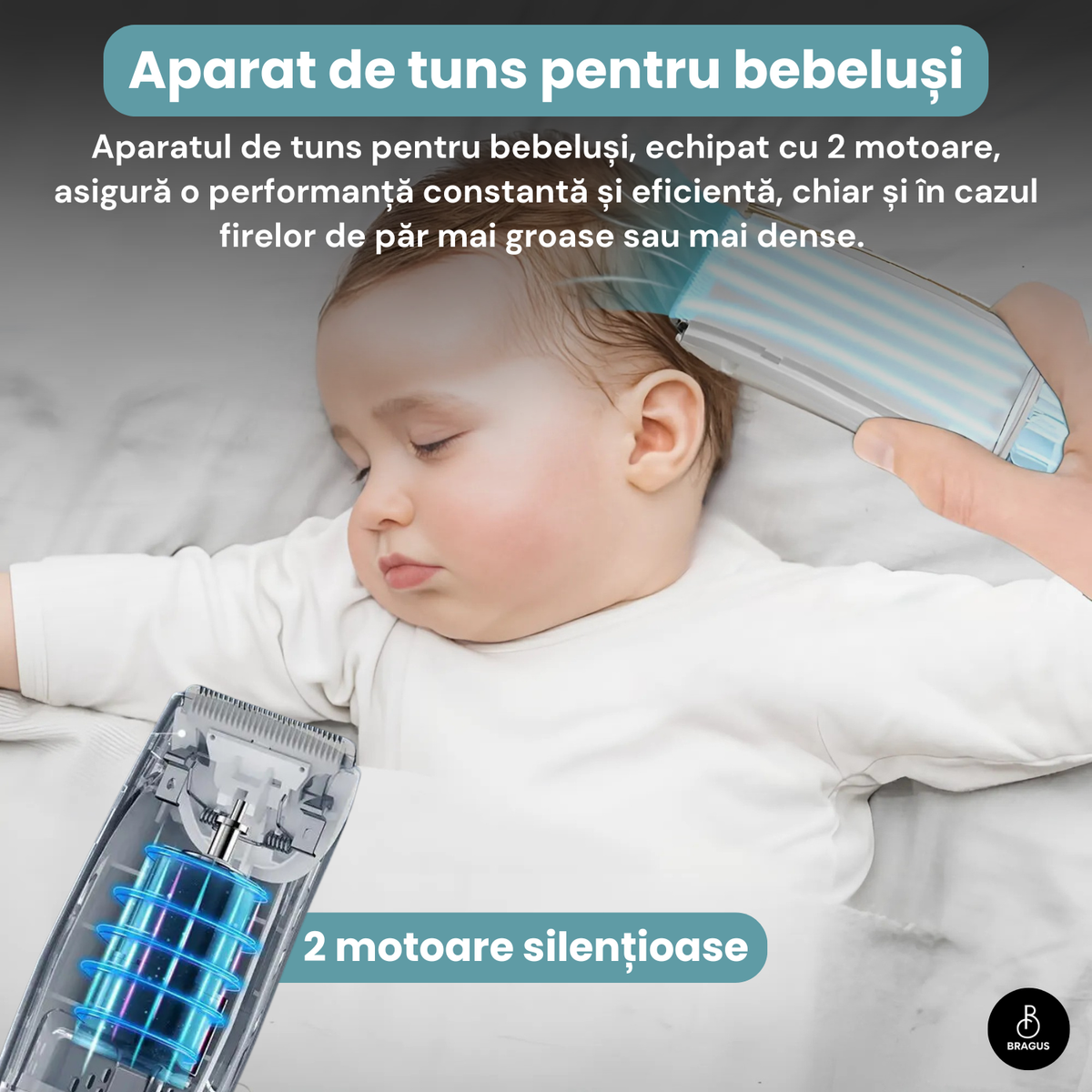 Aparat de Tuns pentru Bebelusi, Copii si Adulti, BRAGUS, 600mAh, 2 Trepte de Viteza, 2 Motoare Silentioase, Functie de Aspirare a Parului, Rezistent la Apa IPX7, Reincarcabil USB, 3 Piepteni Inclusi