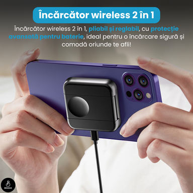 Încărcător Wireless 2 în 1, Încărcare Simultană 2 Dispozitive, Pliabil, Tehnologie MagSafe, Încărcare Duală, Magnet Puternic, Suport pentru Telefon, Compatibil iPhone, Apple Watch, AirPods, Negru