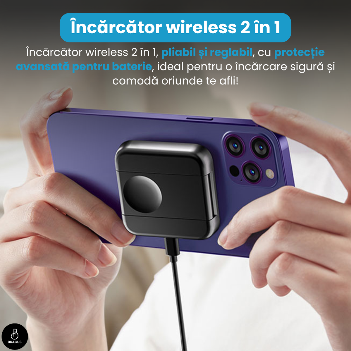 Încărcător Wireless 2 în 1, Încărcare Simultană 2 Dispozitive, Pliabil, Tehnologie MagSafe, Încărcare Duală, Magnet Puternic, Suport pentru Telefon, Compatibil iPhone, Apple Watch, AirPods, Negru