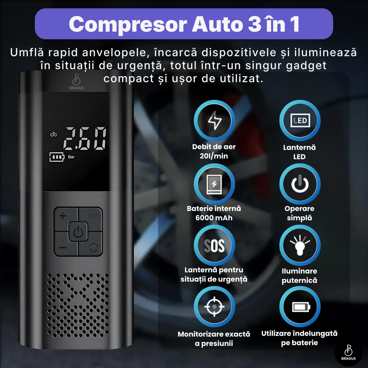 Compresor Auto Portabil, 3 în 1, Baterie 6000mAh tip Powerbank, Digital, Manometru, Lanternă LED, 150PSI, Debit 20L, Pompă Aer Mașină, 4 Accesorii, Încărcare USB, Umflare Roți, Minge, Bicicletă, Negru