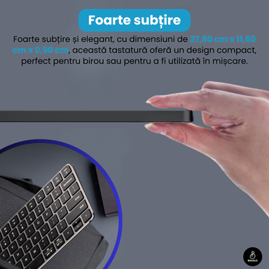 Tastatură Wireless Reîncărcabilă, BRAGUS, Bluetooth 5.1, USB, 500mAh, Ultra Subțire, Aluminiu, Conectare Simultană pe 3 Dispozitive, Compatibilă PC, Windows, Mac, iOS, Android, Type-C, 230g