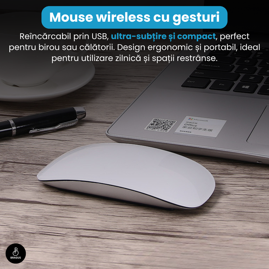 Mouse Wireless cu Gesturi, BRAGUS, Reîncărcabil USB-C, Ultra Subțire, 1600 dpi, 68gr, Mouse Touch cu Gesturi, Silențios, Design Elegant, Compact, Mouse fără fir, Compatibil cu Laptop, Telefon, Tabletă