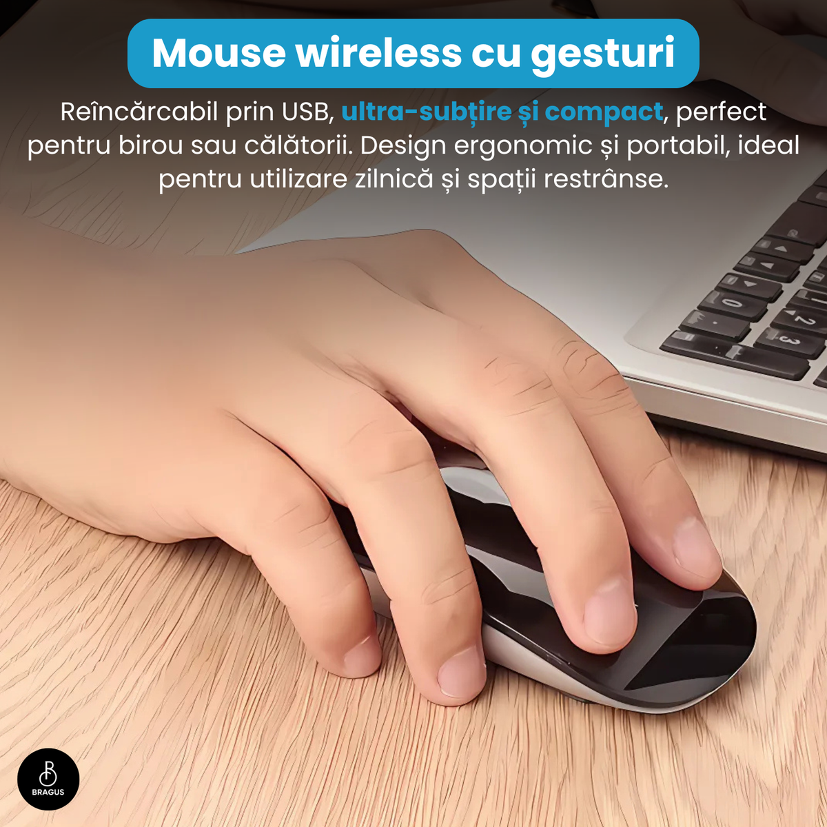 Mouse Wireless cu Gesturi, BRAGUS, Reîncărcabil USB-C, Ultra Subțire, 1600 dpi, 68gr, Mouse Touch cu Gesturi, Silențios, Design Elegant, Compact, Mouse fără fir, Compatibil cu Laptop, Telefon, Tabletă