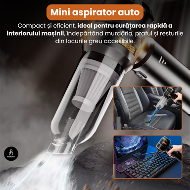 Mini Aspirator Auto Portabil, 16000 PA, Baterie 6000mAh, 100W, 90000RPM, Autonomie 30min, Aspirare, Suflare, Vacuum, 3 Viteze, 9 Accesorii, 3 Filtre HEPA Reutilizabile, Pentru Mașină și Casă