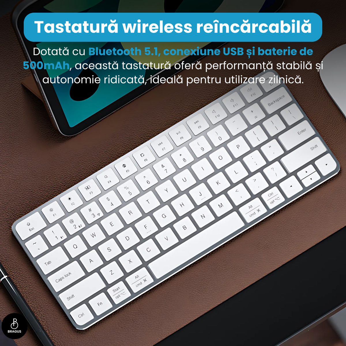 Tastatură Wireless Reîncărcabilă, BRAGUS, Bluetooth 5.1, USB, 500mAh, Ultra Subțire, Aluminiu, Conectare Simultană pe 3 Dispozitive, Compatibilă PC, Windows, Mac, iOS, Android, Type-C, 230g
