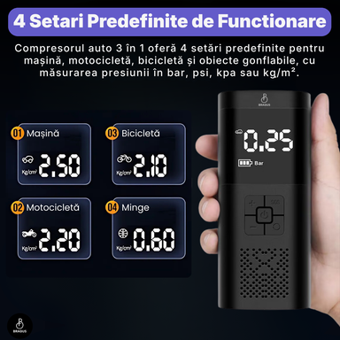 Compresor Auto Portabil, 3 în 1, Baterie 6000mAh tip Powerbank, Digital, Manometru, Lanternă LED, 150PSI, Debit 20L, Pompă Aer Mașină, 4 Accesorii, Încărcare USB, Umflare Roți, Minge, Bicicletă, Negru