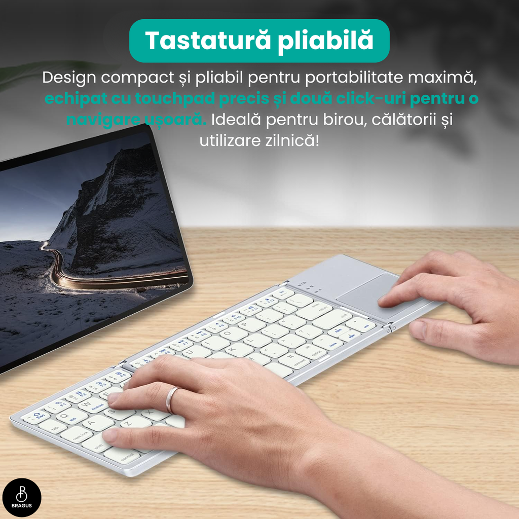 Tastatură wireless pliabilă, ultra-subțire, portabilă, reîncărcabilă USB-C, touch pad cu 2 click-uri, pliabilă în 3 secțiuni, Bluetooth 5.0, compatibilă Android, iOS, Smart TV, tabletă, PC, 200g