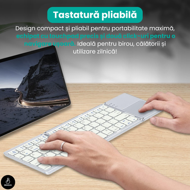 Tastatură wireless pliabilă, ultra-subțire, portabilă, reîncărcabilă USB-C, touch pad cu 2 click-uri, pliabilă în 3 secțiuni, Bluetooth 5.0, compatibilă Android, iOS, Smart TV, tabletă, PC, 200g