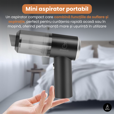 Mini Aspirator Auto Portabil, Acumulator 2400mAh, 9000Pa, 120W, Autonomie 30min, 2 în 1 Aspirare și Suflare, Vidare, Umflare, LED, Filtru HEPA, 3 Filtre Incluse, pentru Mașină și Casă, Încărcare USB