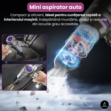 Mini Aspirator Auto Portabil, 16000 PA, Baterie 6000mAh, 100W, 90000RPM, Autonomie 30min, Aspirare, Suflare, Vacuum, 3 Viteze, 9 Accesorii, 3 Filtre HEPA Reutilizabile, Pentru Mașină și Casă