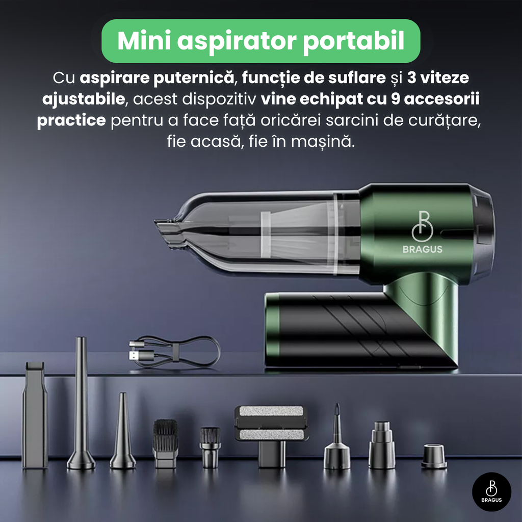 Mini Aspirator Portabil, BRAGUS, Pliabil, 16000Pa, 100W, Baterie 6000mAh, Autonomie 30min, 2în1 Aspirare și Suflare, Vidare, Umflare, 9 Accesorii, 3 Viteze, Filtru HEPA Reutilizabil, 3 Filtre