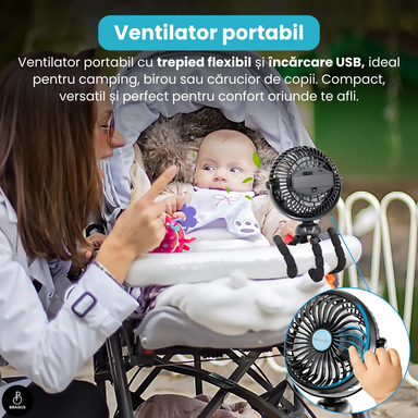 Ventilator Portabil, Trepied Flexibil și Detașabil, Baterie 2600mAh, Autonomie 10h, Reîncărcabil USB, 3 Trepte, Rotire 360, Silențios, Ventilator Mobil Birou, Călătorie, Camping, Mașină, Casă, Negru