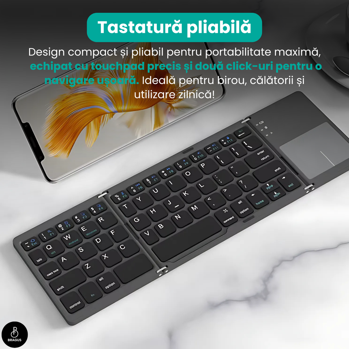 Tastatură wireless pliabilă, ultra-subțire, portabilă, reîncărcabilă USB-C, touch pad cu 2 click-uri, pliabilă în 3 secțiuni, Bluetooth 5.0, compatibilă Android, iOS, Smart TV, tabletă, PC, 200g