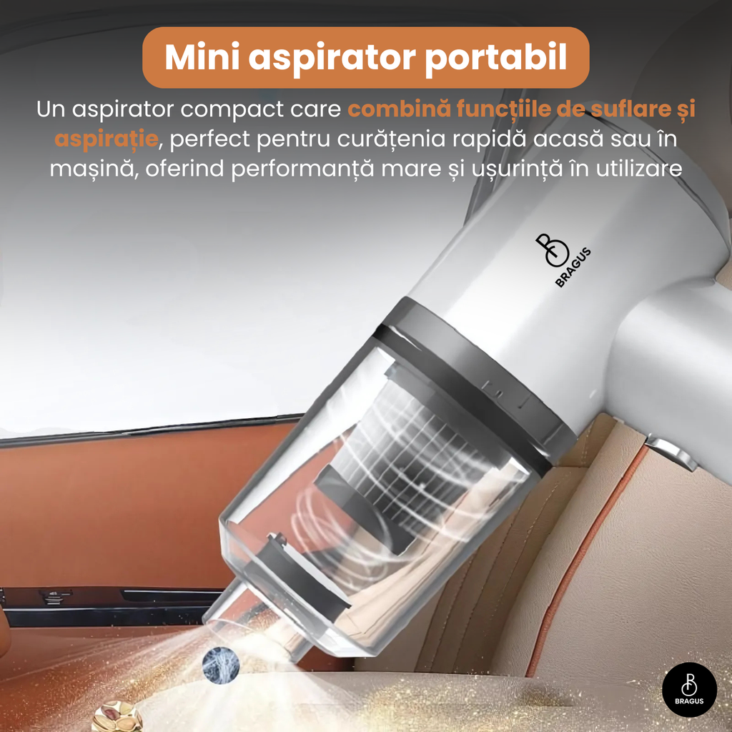 Mini Aspirator Auto Portabil, Acumulator 2400mAh, 9000Pa, 120W, Autonomie 30min, 2 în 1 Aspirare și Suflare, Vidare, Umflare, LED, Filtru HEPA, 3 Filtre Incluse, pentru Mașină și Casă, Încărcare USB