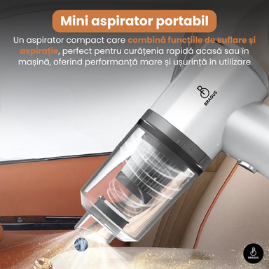 Mini Aspirator Auto Portabil, Acumulator 2400mAh, 9000Pa, 120W, Autonomie 30min, 2 în 1 Aspirare și Suflare, Vidare, Umflare, LED, Filtru HEPA, 3 Filtre Incluse, pentru Mașină și Casă, Încărcare USB