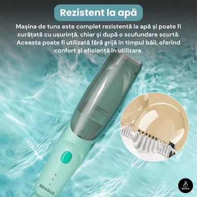 Aparat de Tuns pentru Bebelusi, Copii si Adulti, BRAGUS, 600mAh, 2 Trepte de Viteza, 2 Motoare Silentioase, Functie de Aspirare a Parului, Rezistent la Apa IPX7, Reincarcabil USB, 3 Piepteni Inclusi