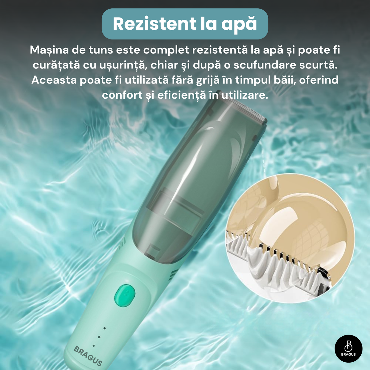 Aparat de Tuns pentru Bebelusi, Copii si Adulti, BRAGUS, 600mAh, 2 Trepte de Viteza, 2 Motoare Silentioase, Functie de Aspirare a Parului, Rezistent la Apa IPX7, Reincarcabil USB, 3 Piepteni Inclusi