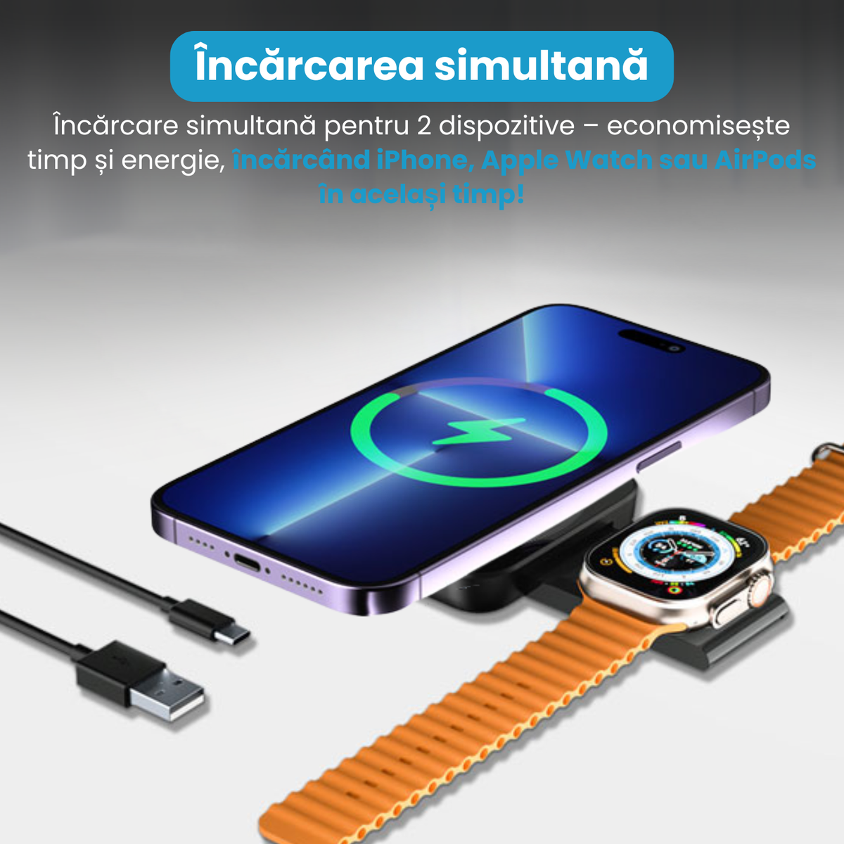 Încărcător Wireless 2 în 1, Încărcare Simultană 2 Dispozitive, Pliabil, Tehnologie MagSafe, Încărcare Duală, Magnet Puternic, Suport pentru Telefon, Compatibil iPhone, Apple Watch, AirPods, Negru