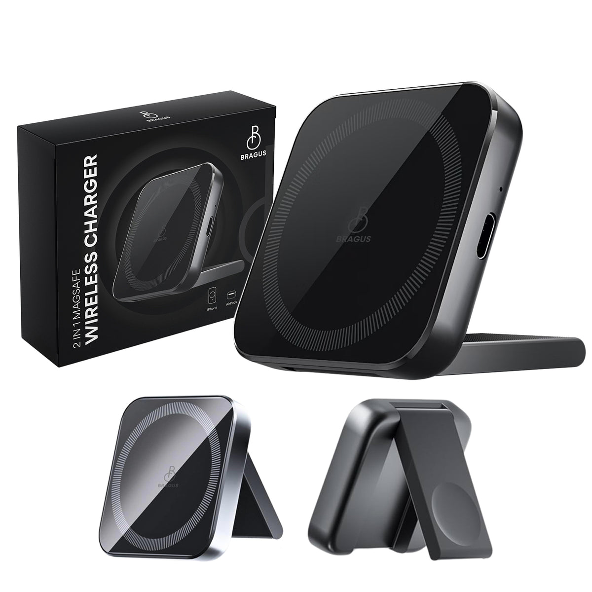 Încărcător Wireless 2 în 1, Încărcare Simultană 2 Dispozitive, Pliabil, Tehnologie MagSafe, Încărcare Duală, Magnet Puternic, Suport pentru Telefon, Compatibil iPhone, Apple Watch, AirPods, Negru