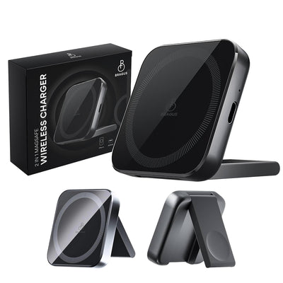 Încărcător Wireless 2 în 1, Încărcare Simultană 2 Dispozitive, Pliabil, Tehnologie MagSafe, Încărcare Duală, Magnet Puternic, Suport pentru Telefon, Compatibil iPhone, Apple Watch, AirPods, Negru