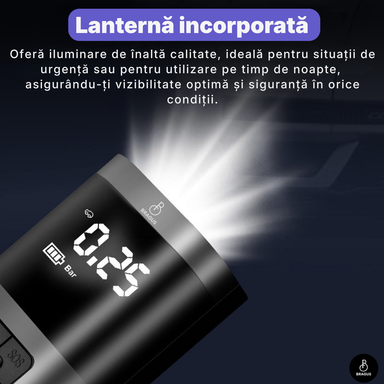 Compresor Auto Portabil, 3 în 1, Baterie 6000mAh tip Powerbank, Digital, Manometru, Lanternă LED, 150PSI, Debit 20L, Pompă Aer Mașină, 4 Accesorii, Încărcare USB, Umflare Roți, Minge, Bicicletă, Negru