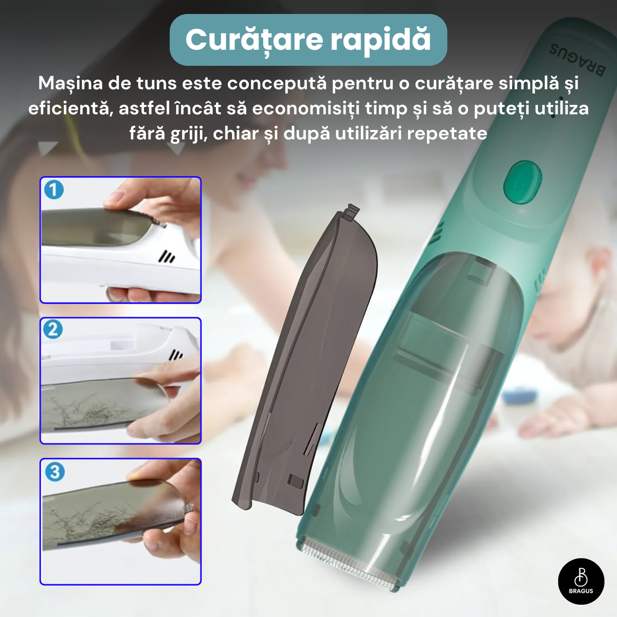 Aparat de Tuns pentru Bebelusi, Copii si Adulti, BRAGUS, 600mAh, 2 Trepte de Viteza, 2 Motoare Silentioase, Functie de Aspirare a Parului, Rezistent la Apa IPX7, Reincarcabil USB, 3 Piepteni Inclusi