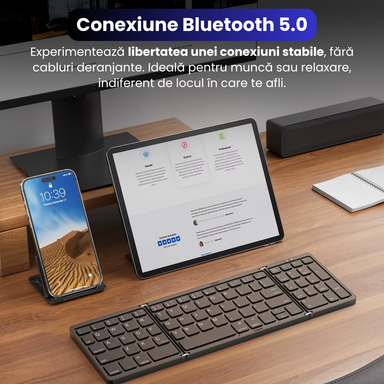 Tastatură Pliabilă Ultra Subțire, Bluetooth 5.0, Reîncărcabilă USB, 140mAh, Autonomie 100h, Pliabilă în 3 secțiuni, 3 Conexiuni Simultane, Wireless, Compatibilă cu Android, iOS, Smart TV, PC, 200g