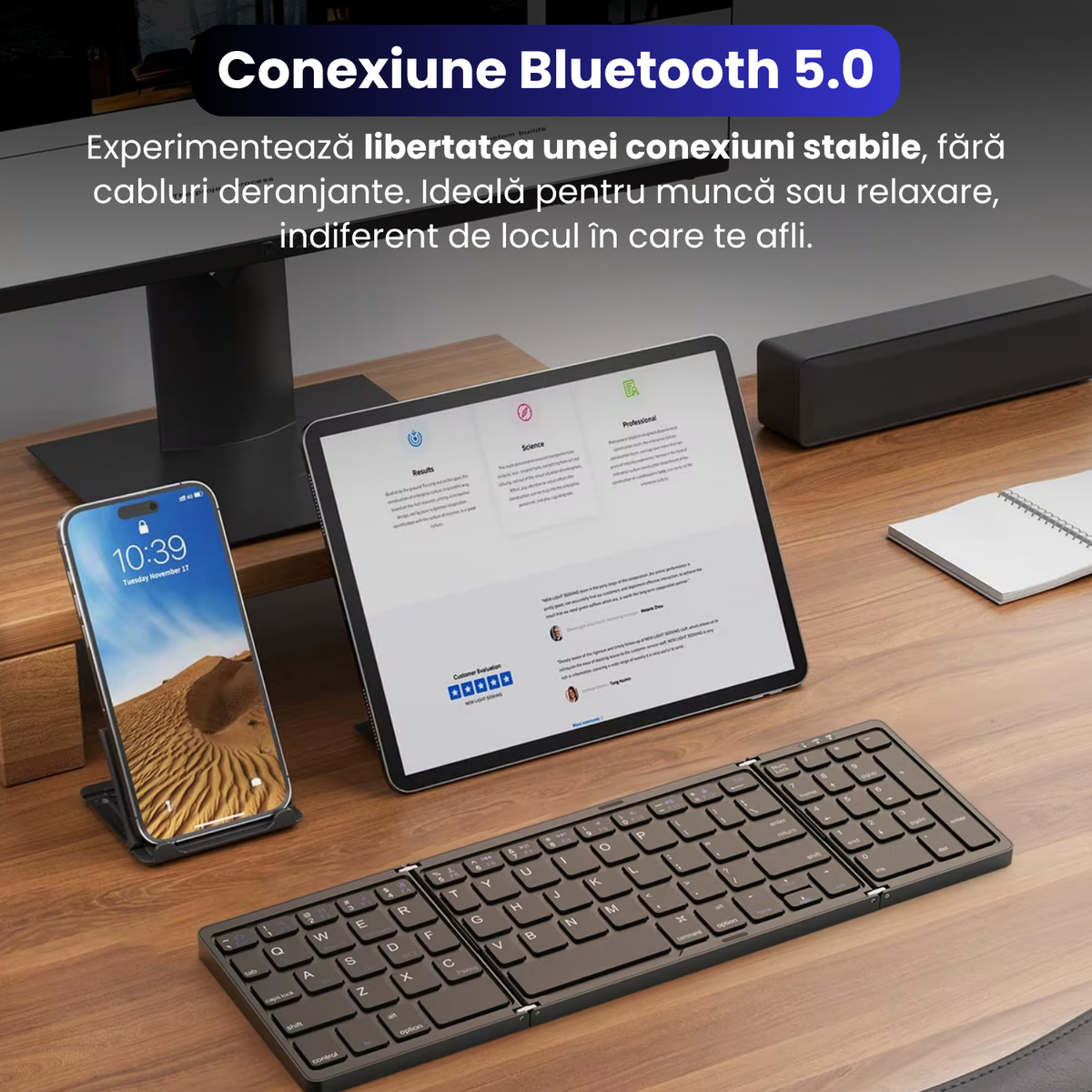 Tastatură Pliabilă Ultra Subțire, Bluetooth 5.0, Reîncărcabilă USB, 140mAh, Autonomie 100h, Pliabilă în 3 secțiuni, 3 Conexiuni Simultane, Wireless, Compatibilă cu Android, iOS, Smart TV, PC, 200g
