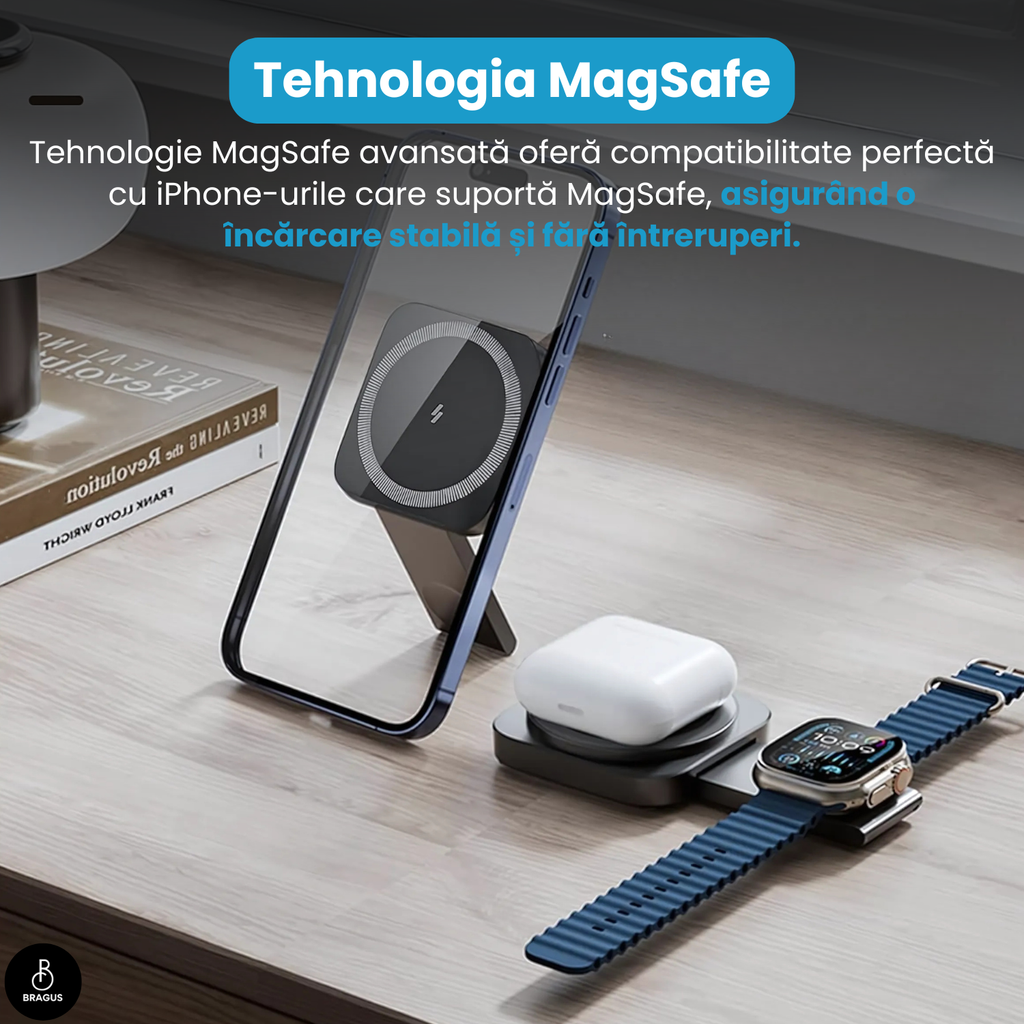 Încărcător Wireless 2 în 1, Încărcare Simultană 2 Dispozitive, Pliabil, Tehnologie MagSafe, Încărcare Duală, Magnet Puternic, Suport pentru Telefon, Compatibil iPhone, Apple Watch, AirPods, Negru
