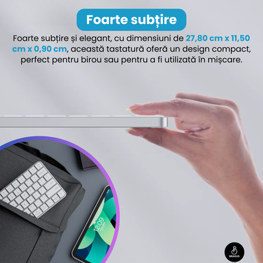 Tastatură Wireless Reîncărcabilă, BRAGUS, Bluetooth 5.1, USB, 500mAh, Ultra Subțire, Aluminiu, Conectare Simultană pe 3 Dispozitive, Compatibilă PC, Windows, Mac, iOS, Android, Type-C, 230g