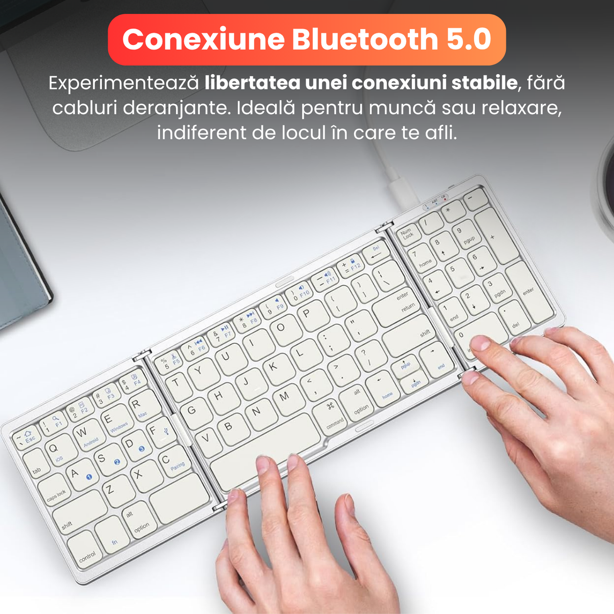 Tastatură Pliabilă Ultra Subțire, Bluetooth 5.0, Reîncărcabilă USB, 140mAh, Autonomie 100h, Pliabilă în 3 secțiuni, 3 Conexiuni Simultane, Wireless, Compatibilă cu Android, iOS, Smart TV, PC, 200g