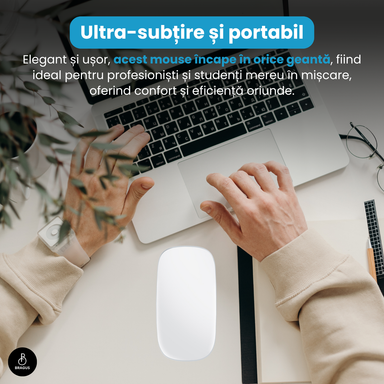 Mouse Wireless cu Gesturi, BRAGUS, Reîncărcabil USB-C, Ultra Subțire, 1600 dpi, 68gr, Mouse Touch cu Gesturi, Silențios, Design Elegant, Compact, Mouse fără fir, Compatibil cu Laptop, Telefon, Tabletă