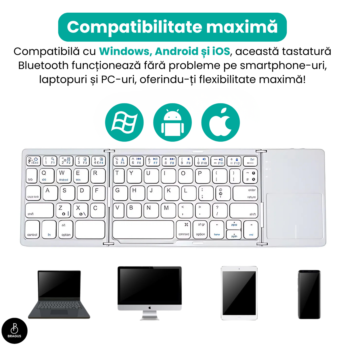 Tastatură wireless pliabilă, ultra-subțire, portabilă, reîncărcabilă USB-C, touch pad cu 2 click-uri, pliabilă în 3 secțiuni, Bluetooth 5.0, compatibilă Android, iOS, Smart TV, tabletă, PC, 200g