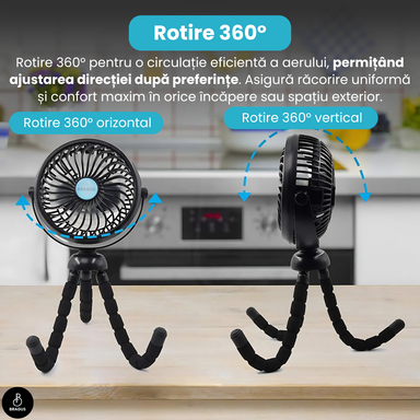 Ventilator Portabil, Trepied Flexibil și Detașabil, Baterie 2600mAh, Autonomie 10h, Reîncărcabil USB, 3 Trepte, Rotire 360, Silențios, Ventilator Mobil Birou, Călătorie, Camping, Mașină, Casă, Negru