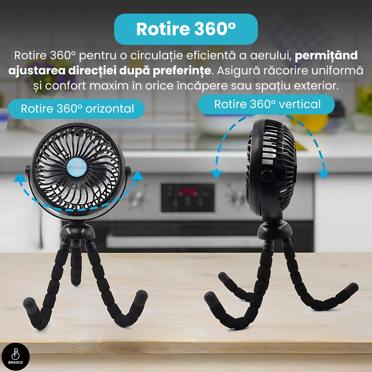 Ventilator Portabil, Trepied Flexibil și Detașabil, Baterie 2600mAh, Autonomie 10h, Reîncărcabil USB, 3 Trepte, Rotire 360, Silențios, Ventilator Mobil Birou, Călătorie, Camping, Mașină, Casă, Negru