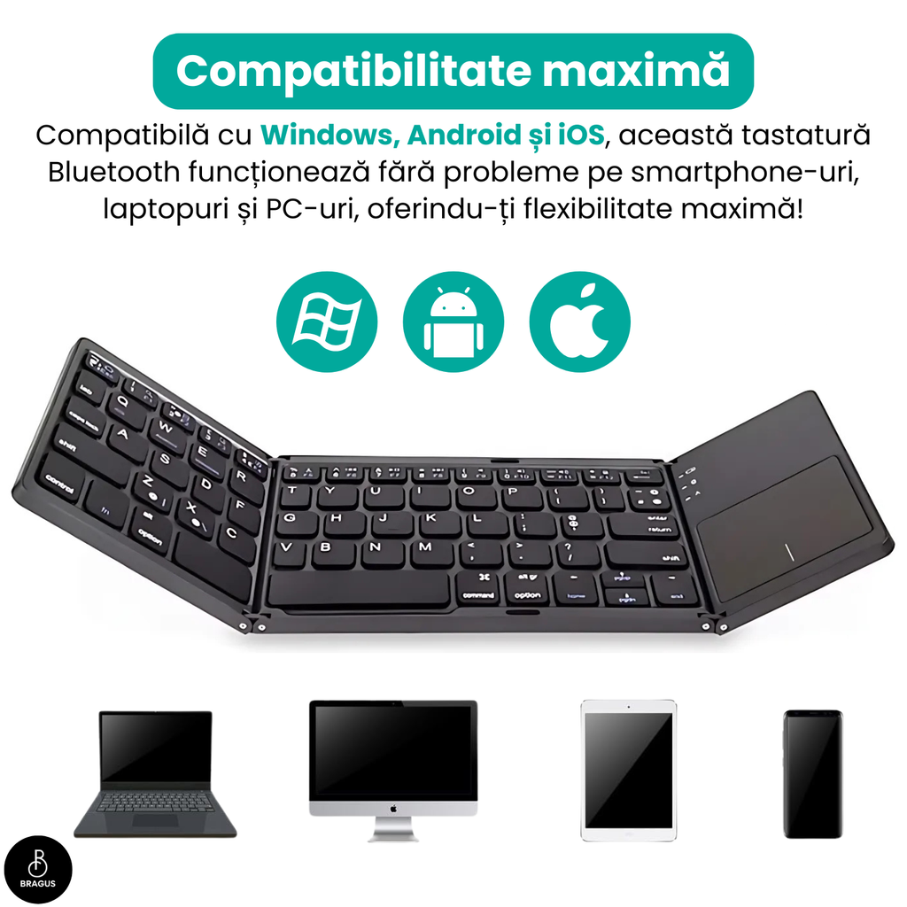 Tastatură wireless pliabilă, ultra-subțire, portabilă, reîncărcabilă USB-C, touch pad cu 2 click-uri, pliabilă în 3 secțiuni, Bluetooth 5.0, compatibilă Android, iOS, Smart TV, tabletă, PC, 200g