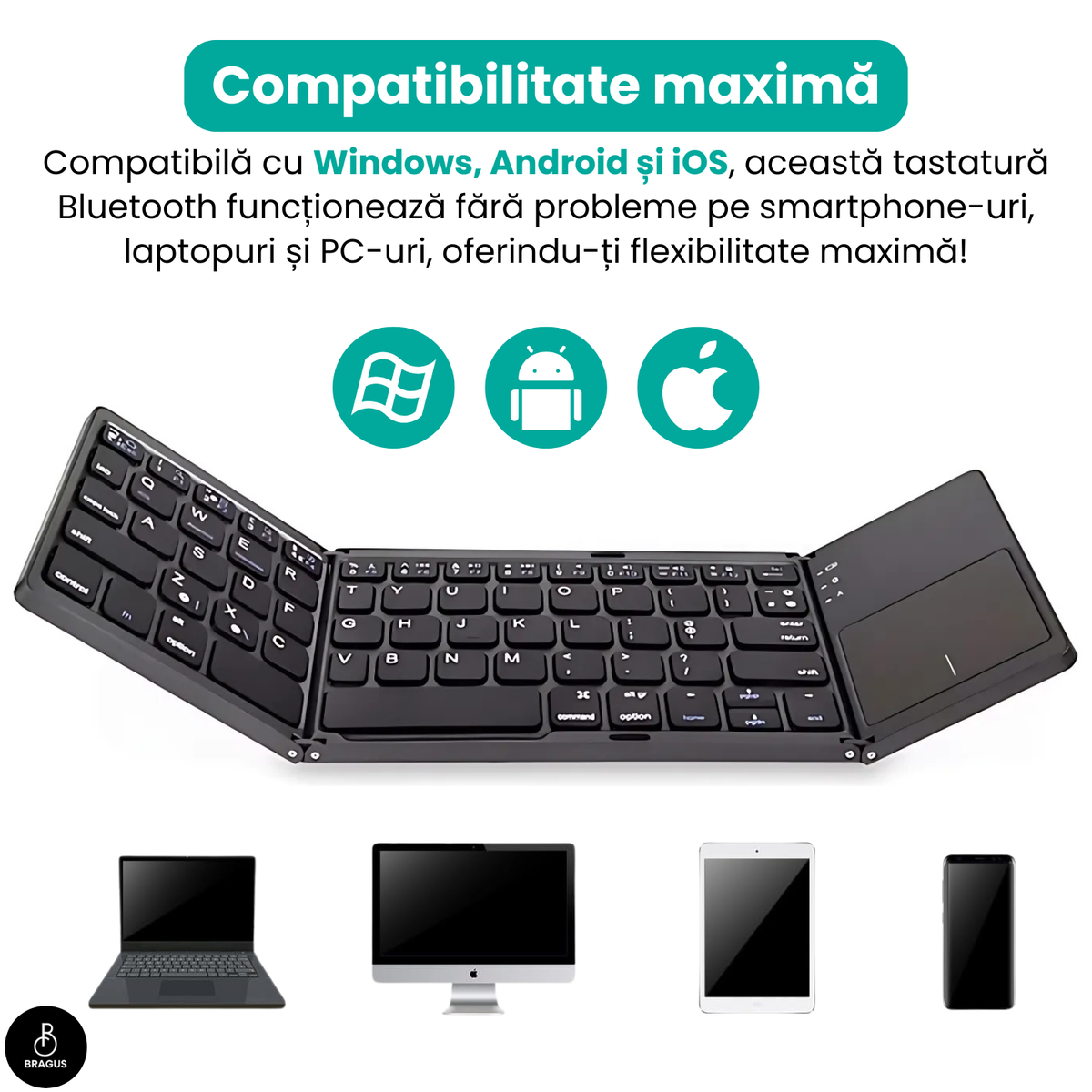 Tastatură wireless pliabilă, ultra-subțire, portabilă, reîncărcabilă USB-C, touch pad cu 2 click-uri, pliabilă în 3 secțiuni, Bluetooth 5.0, compatibilă Android, iOS, Smart TV, tabletă, PC, 200g