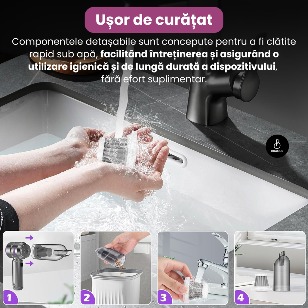 Mini Aspirator Auto Portabil, 16000 PA, Baterie 6000mAh, 100W, 90000RPM, Autonomie 30min, Aspirare, Suflare, Vacuum, 3 Viteze, 9 Accesorii, 3 Filtre HEPA Reutilizabile, Pentru Mașină și Casă
