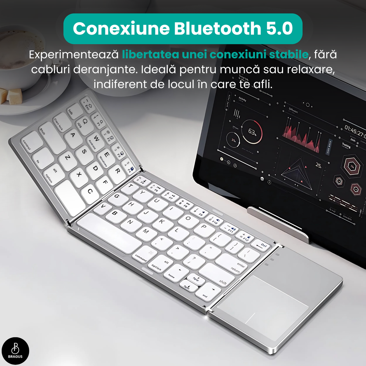 Tastatură wireless pliabilă, ultra-subțire, portabilă, reîncărcabilă USB-C, touch pad cu 2 click-uri, pliabilă în 3 secțiuni, Bluetooth 5.0, compatibilă Android, iOS, Smart TV, tabletă, PC, 200g