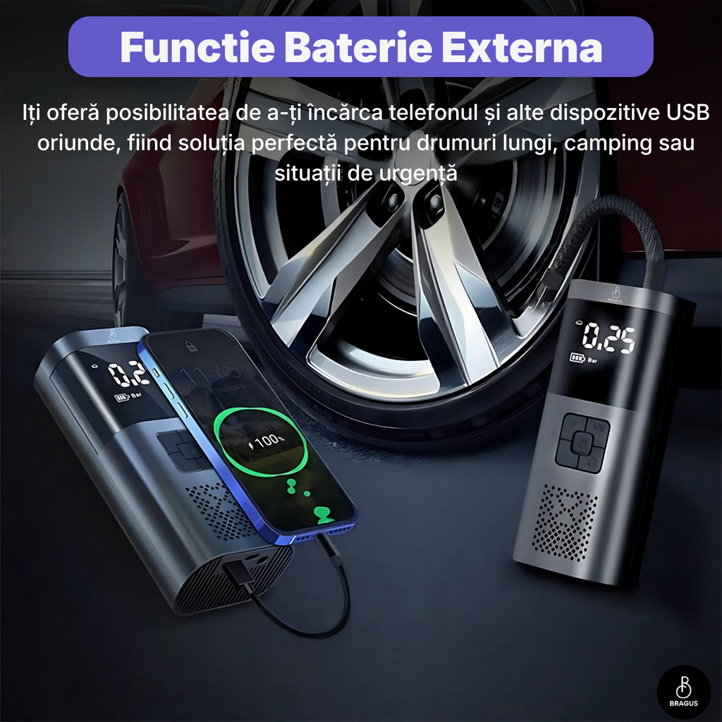Compresor Auto Portabil, 3 în 1, Baterie 6000mAh tip Powerbank, Digital, Manometru, Lanternă LED, 150PSI, Debit 20L, Pompă Aer Mașină, 4 Accesorii, Încărcare USB, Umflare Roți, Minge, Bicicletă, Negru