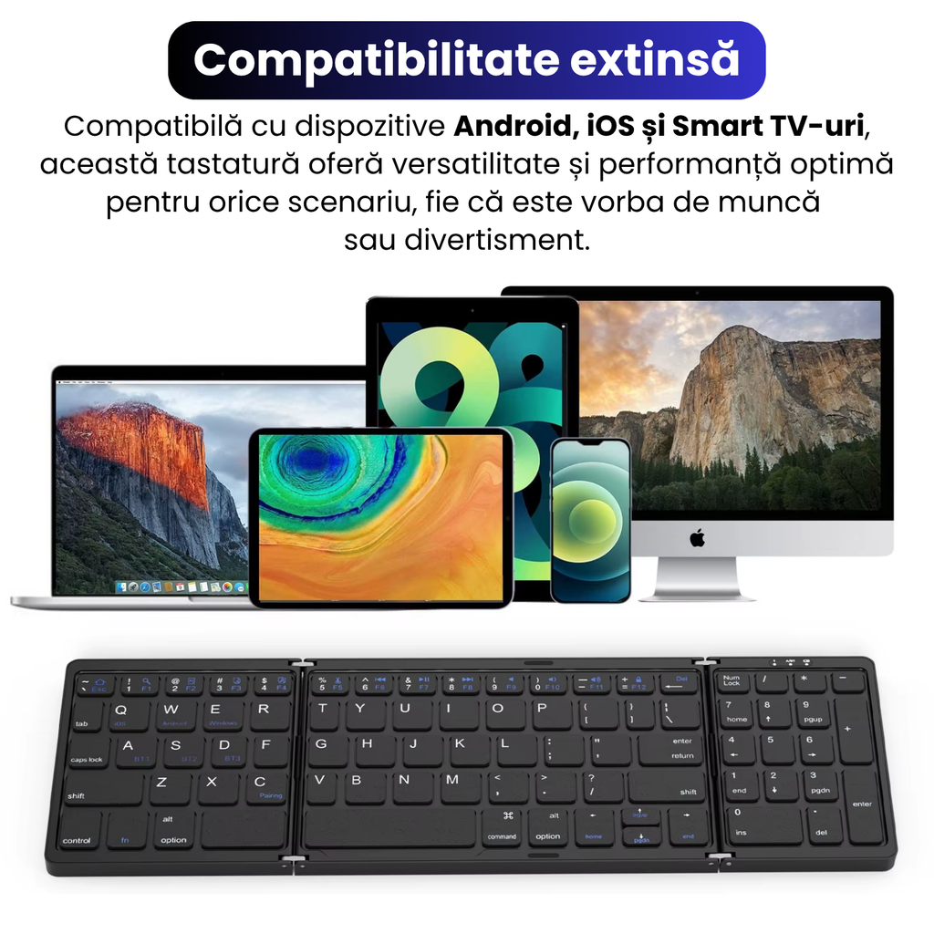 Tastatură Pliabilă Ultra Subțire, Bluetooth 5.0, Reîncărcabilă USB, 140mAh, Autonomie 100h, Pliabilă în 3 secțiuni, 3 Conexiuni Simultane, Wireless, Compatibilă cu Android, iOS, Smart TV, PC, 200g