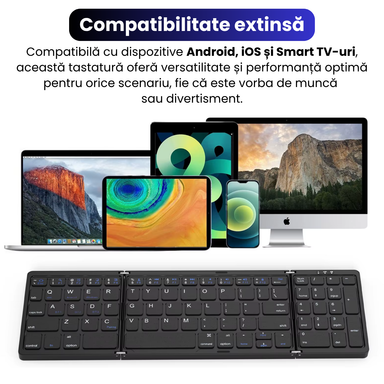 Tastatură Pliabilă Ultra Subțire, Bluetooth 5.0, Reîncărcabilă USB, 140mAh, Autonomie 100h, Pliabilă în 3 secțiuni, 3 Conexiuni Simultane, Wireless, Compatibilă cu Android, iOS, Smart TV, PC, 200g