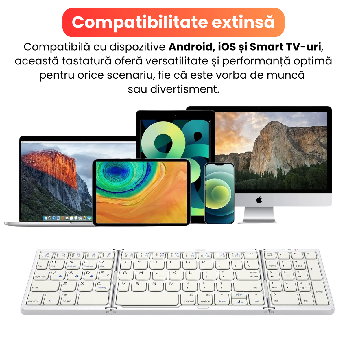 Tastatură Pliabilă Ultra Subțire, Bluetooth 5.0, Reîncărcabilă USB, 140mAh, Autonomie 100h, Pliabilă în 3 secțiuni, 3 Conexiuni Simultane, Wireless, Compatibilă cu Android, iOS, Smart TV, PC, 200g