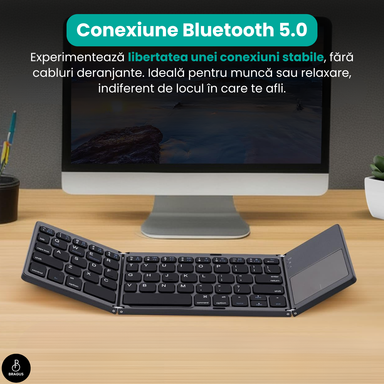 Tastatură wireless pliabilă, ultra-subțire, portabilă, reîncărcabilă USB-C, touch pad cu 2 click-uri, pliabilă în 3 secțiuni, Bluetooth 5.0, compatibilă Android, iOS, Smart TV, tabletă, PC, 200g