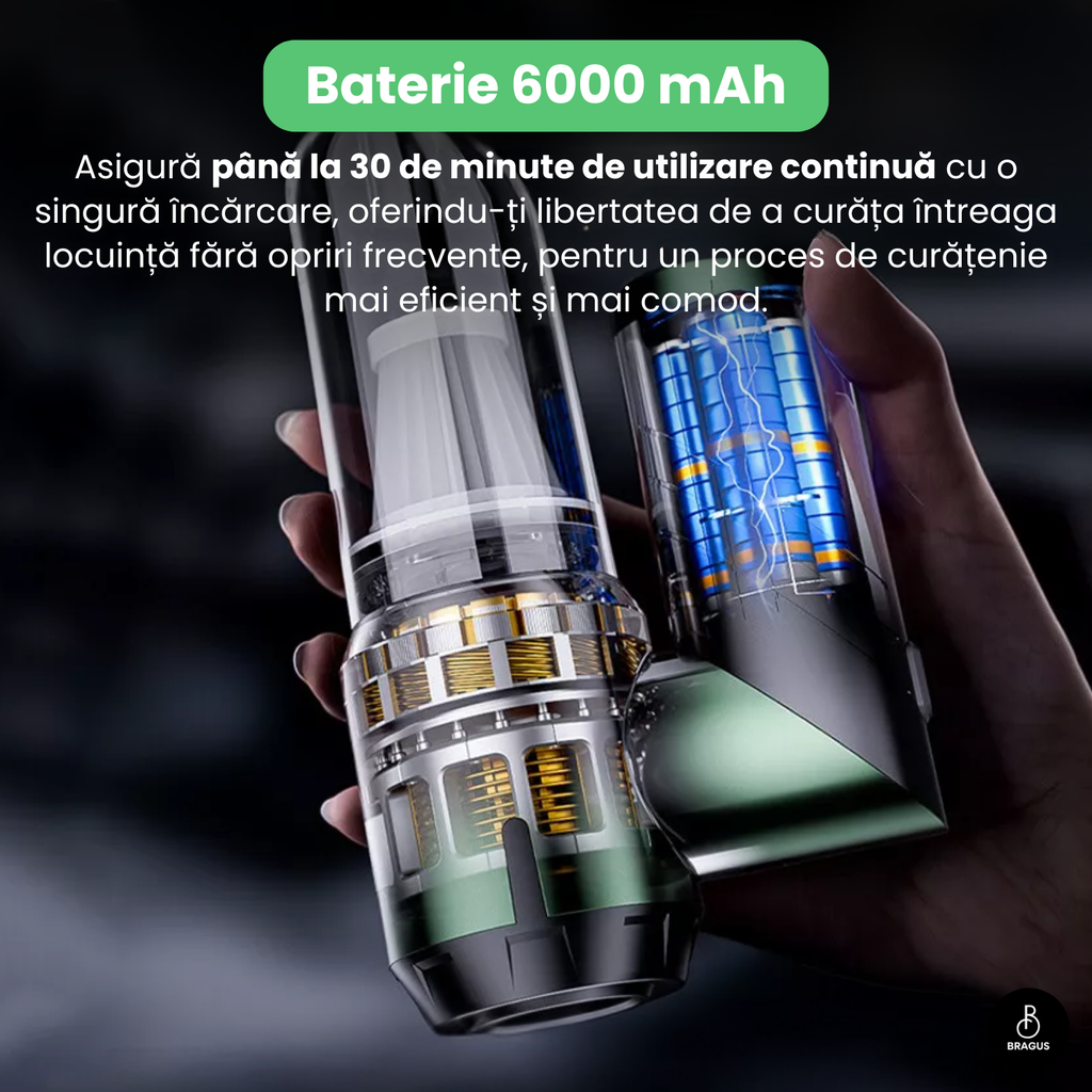 Mini Aspirator Portabil, BRAGUS, Pliabil, 16000Pa, 100W, Baterie 6000mAh, Autonomie 30min, 2în1 Aspirare și Suflare, Vidare, Umflare, 9 Accesorii, 3 Viteze, Filtru HEPA Reutilizabil, 3 Filtre