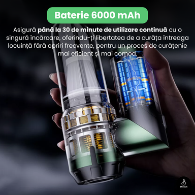 Mini Aspirator Portabil, BRAGUS, Pliabil, 16000Pa, 100W, Baterie 6000mAh, Autonomie 30min, 2în1 Aspirare și Suflare, Vidare, Umflare, 9 Accesorii, 3 Viteze, Filtru HEPA Reutilizabil, 3 Filtre
